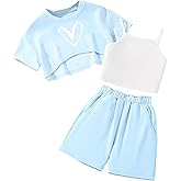 Hilinker Girls 3 Piece Summer Outfits Graphic Crop Tee and Cami Top with Shorts Set