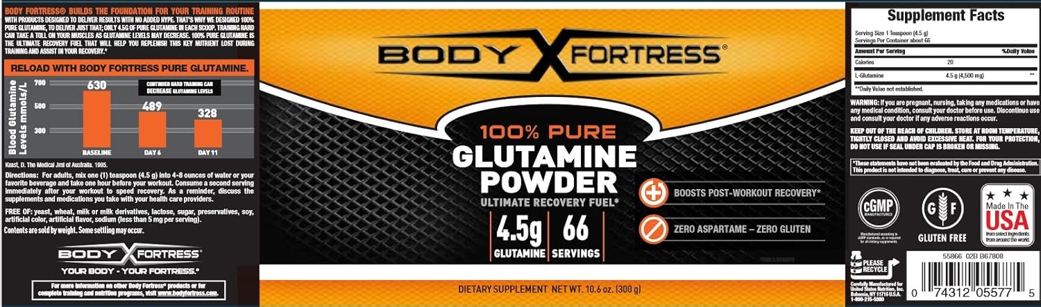 Body Fortress 100% Pure Glutamine Powder, Supports Post Workout Recovery, 10.6 oz: Health & Personal Care