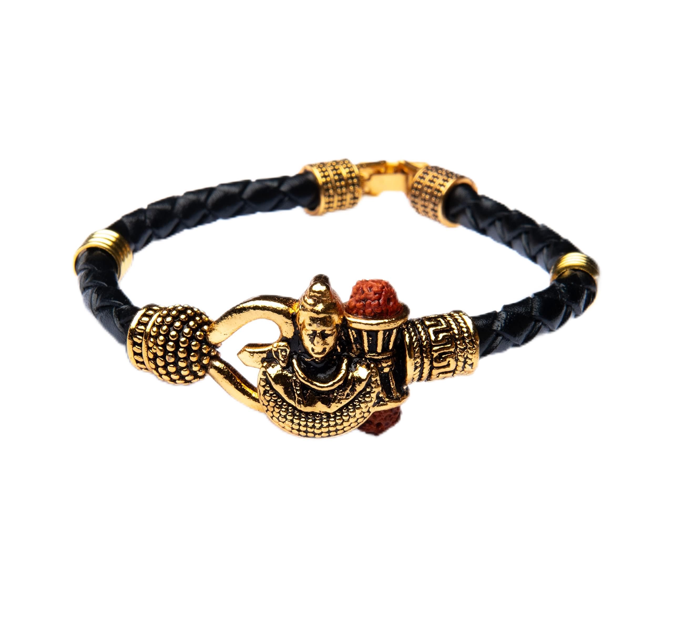 Rudraksha Shiv Om Trishul Damroo Kada , Lord Shiva Bahubali Cuff Bracelet | Religious Brass Kada | Free size Bracelet For Maha Shivratri (Shiv Murti _Leather)