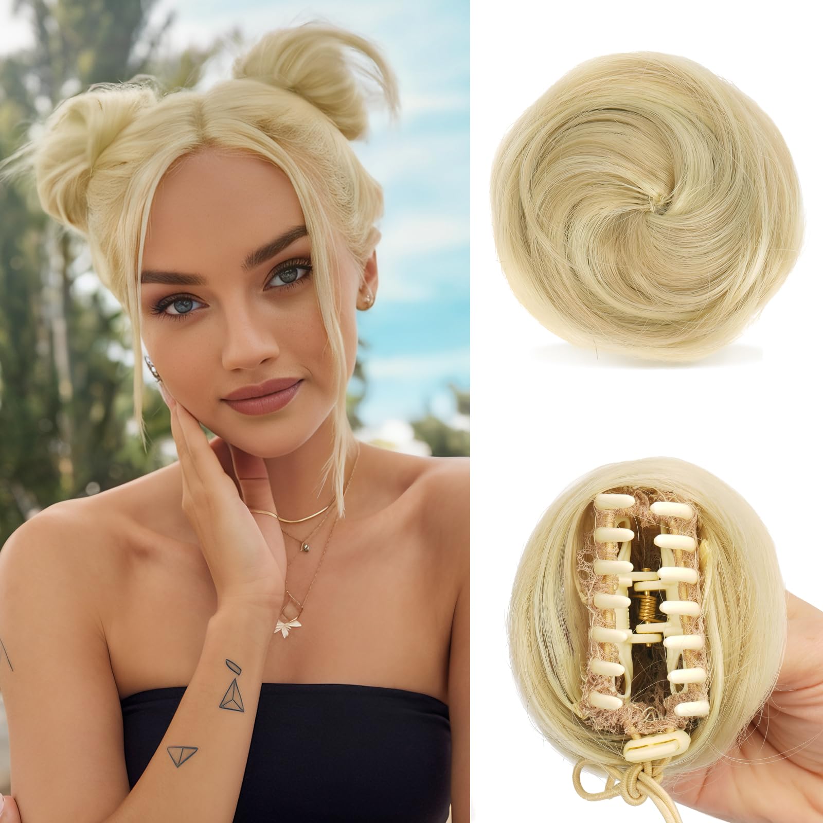 Sofeiyan 2PCS Mini Claw Clip in Synthetic Wig Accessory Updo Space Bun Hair Messy Cat Ears Hair Bun Pieces for Women, Light Ash Brown & Bleach Blonde