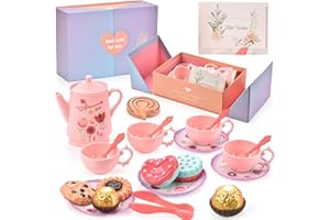 Lajeje Tea Party Set - Pretend Play Toy for 3 4 5 6 Year Old Girls, Plastic Tea Set with Desserts, Gift Box for Birthday, Valentine's Day, Easter - Perfect Kids Toddler Gift