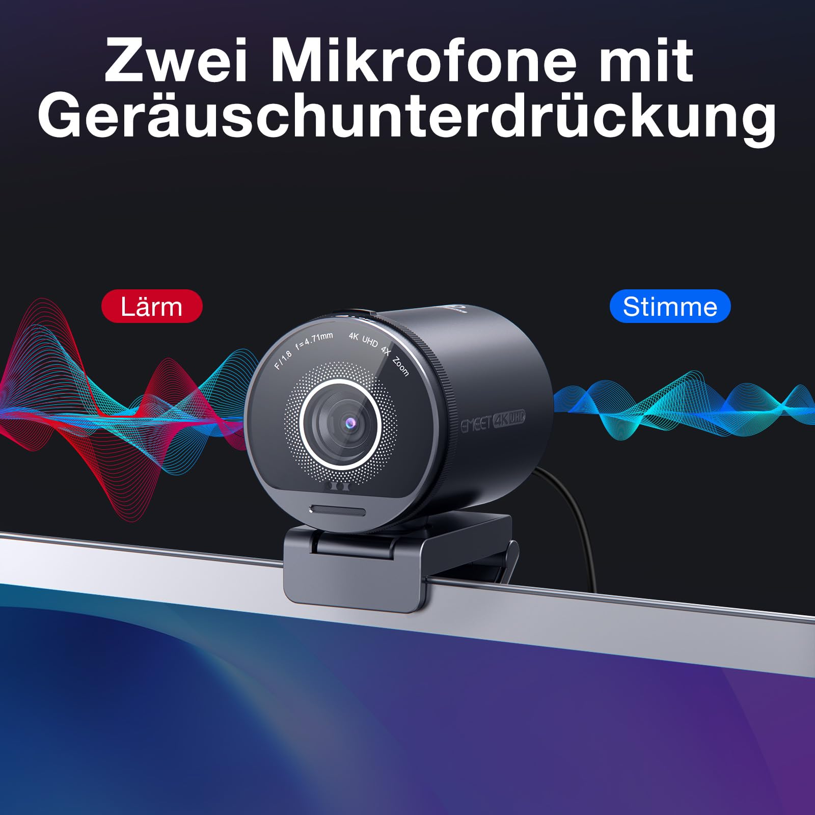 EMEET Webcam 4K S800, Ultra 4K Webcam mit 2 Mikrofonen mit Rauschunterdrückung, 73° Sichtfeld, Lichtkorrektur, Datenschutzabdeckung, 1080p@60FPS HDR, Web cam 1080p für Live-Streaming, Gaming, Zoom 4