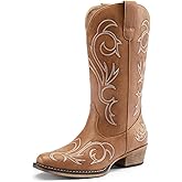 DREAM PAIRS Women's Cowboy Boots Mid Calf Cowgirl Boots Square Toe Chunky Heel Embroidery Stitched Western Boots