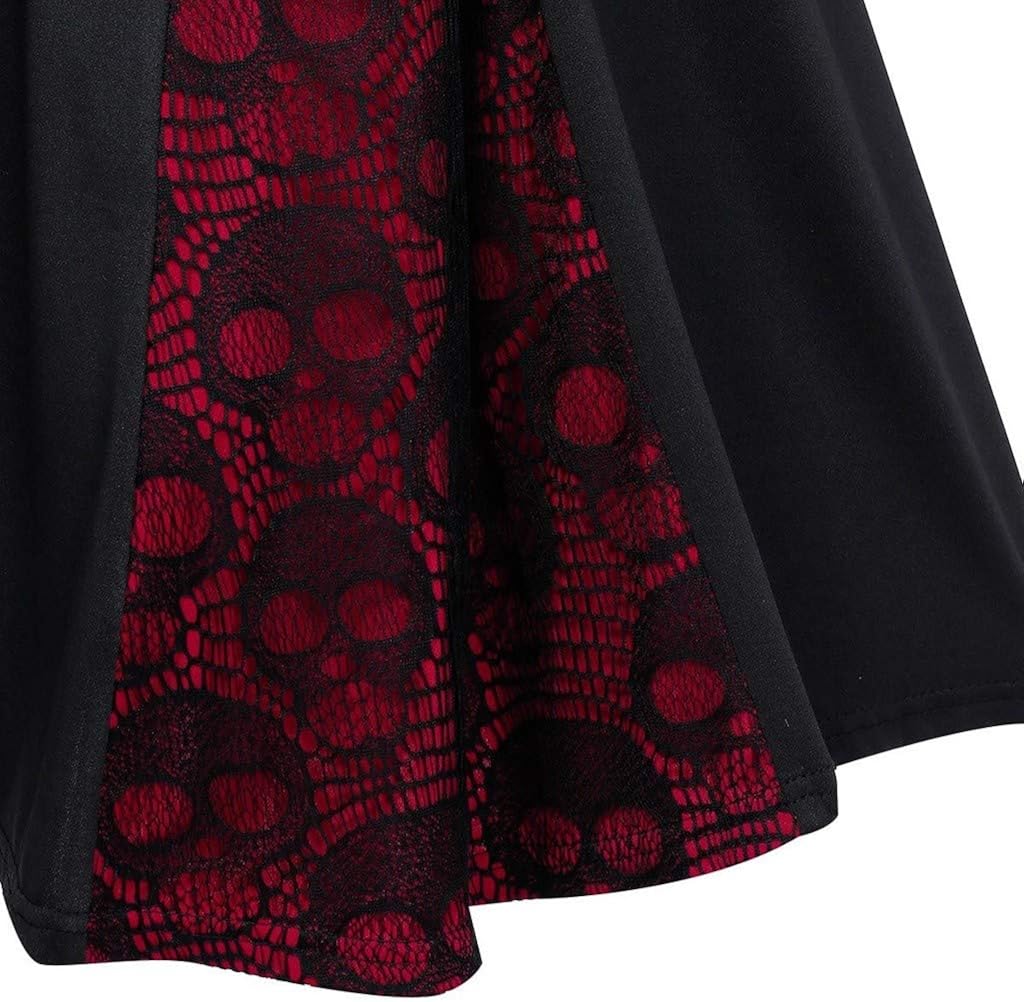 Women Plus Size Punk Gothic Skull Lace Insert Mock Button Bowknot Dress: Clothing