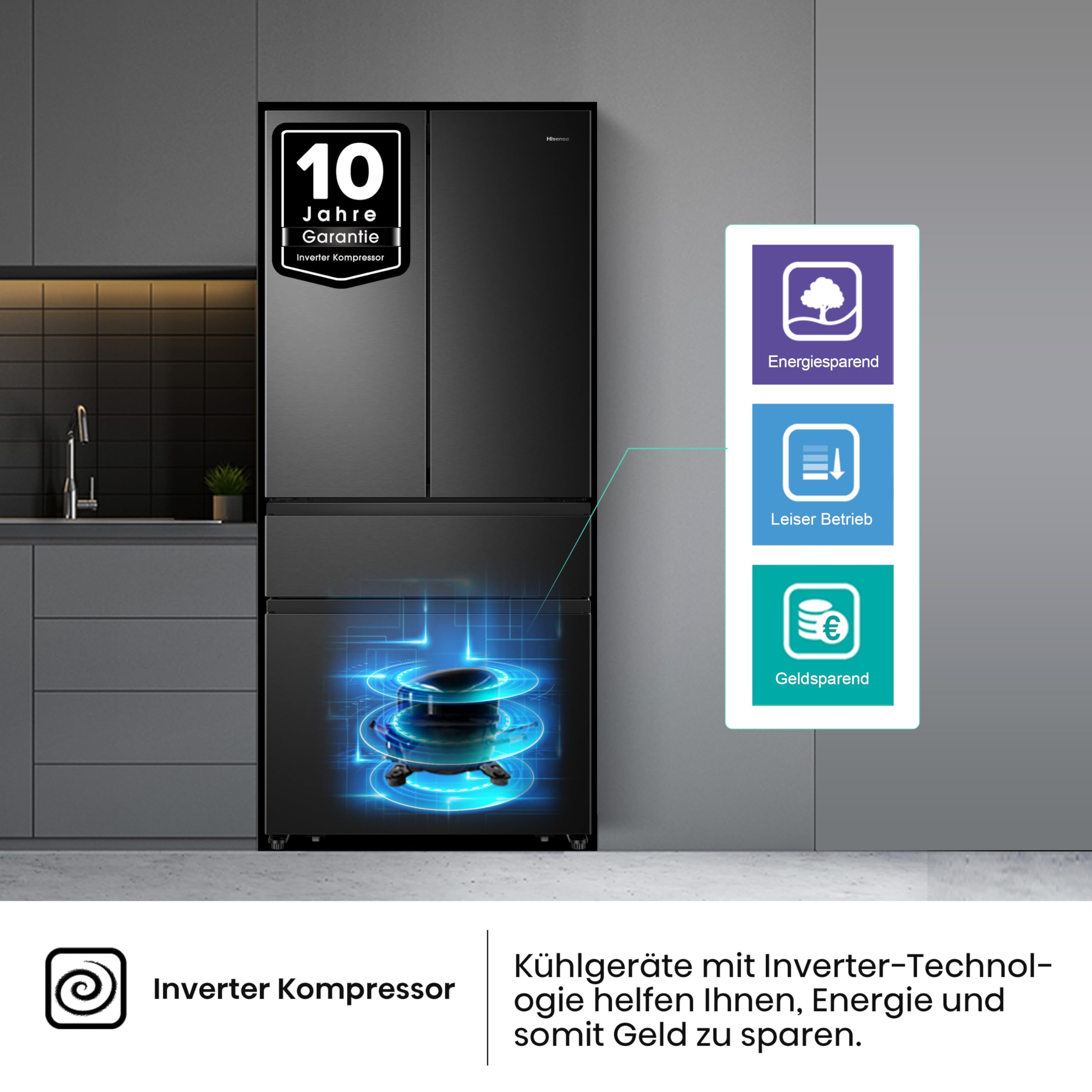 Hisense RF540N4SBF2 French Door Kühl-Gefrierkombination/ NoFrostPlus/ Inverter-Kompressor/ Multiflow 360°/ SuperCool/ 181,7 cm/ Kühlteil 302 l/ Gefrierteil 178 l/ 40 dB/ 310 kWh/ Jahr/ Schwarz 8