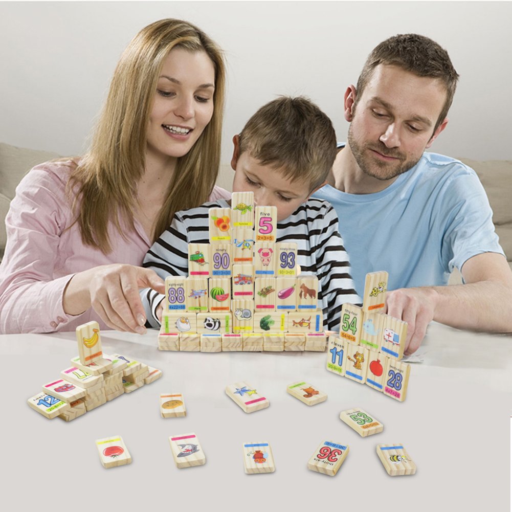 Akokie Wooden Toys Dominoes 100 Pcs Wooden Building Blocks Stacking Toys with Numbers Bag Storage for Kids 3 4 5 6 Years Old