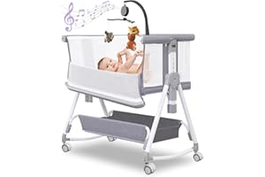 MEICHYUN Baby Bassinet, Baby Bassinet Bedside Sleeper with Musical Toy, All Mesh 7 Height Adjustable Bedside Crib with Storag