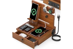 ZALDIA Wood Phone Docking Station with USB Ports and Outlets, Nightstand Organizer with Charging Station, Bedside Organizer with Drawer for Watch & Accessories, Christmas Anniversary Birthday Gifts for Men