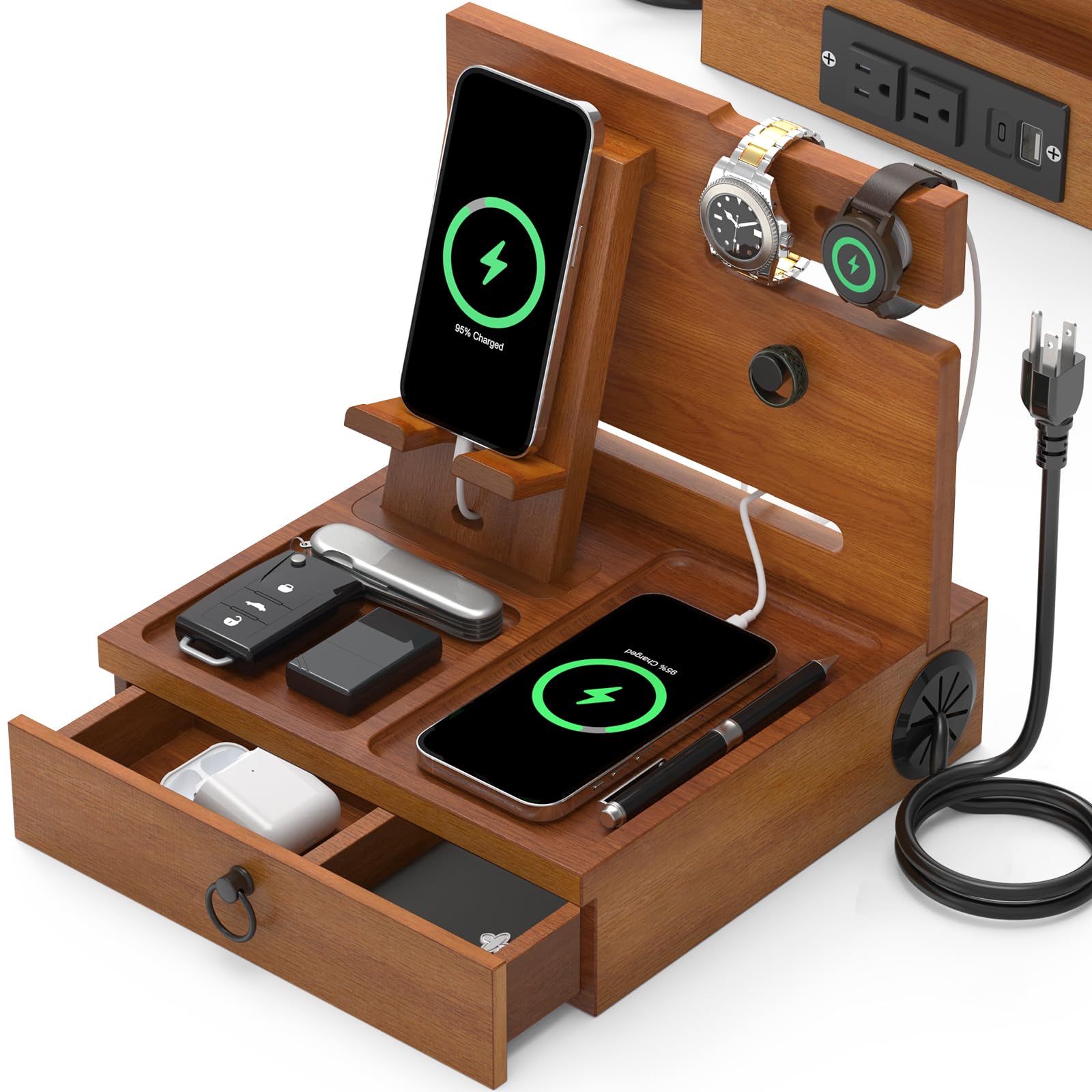 Zaldia Wood Phone Docking Station with USB Ports and Outlets, Nightstand Organizer with Charging Station, Bedside Organizer with Drawer for Watch & Accessories, Christmas Anniversary Birthday Gifts for Men