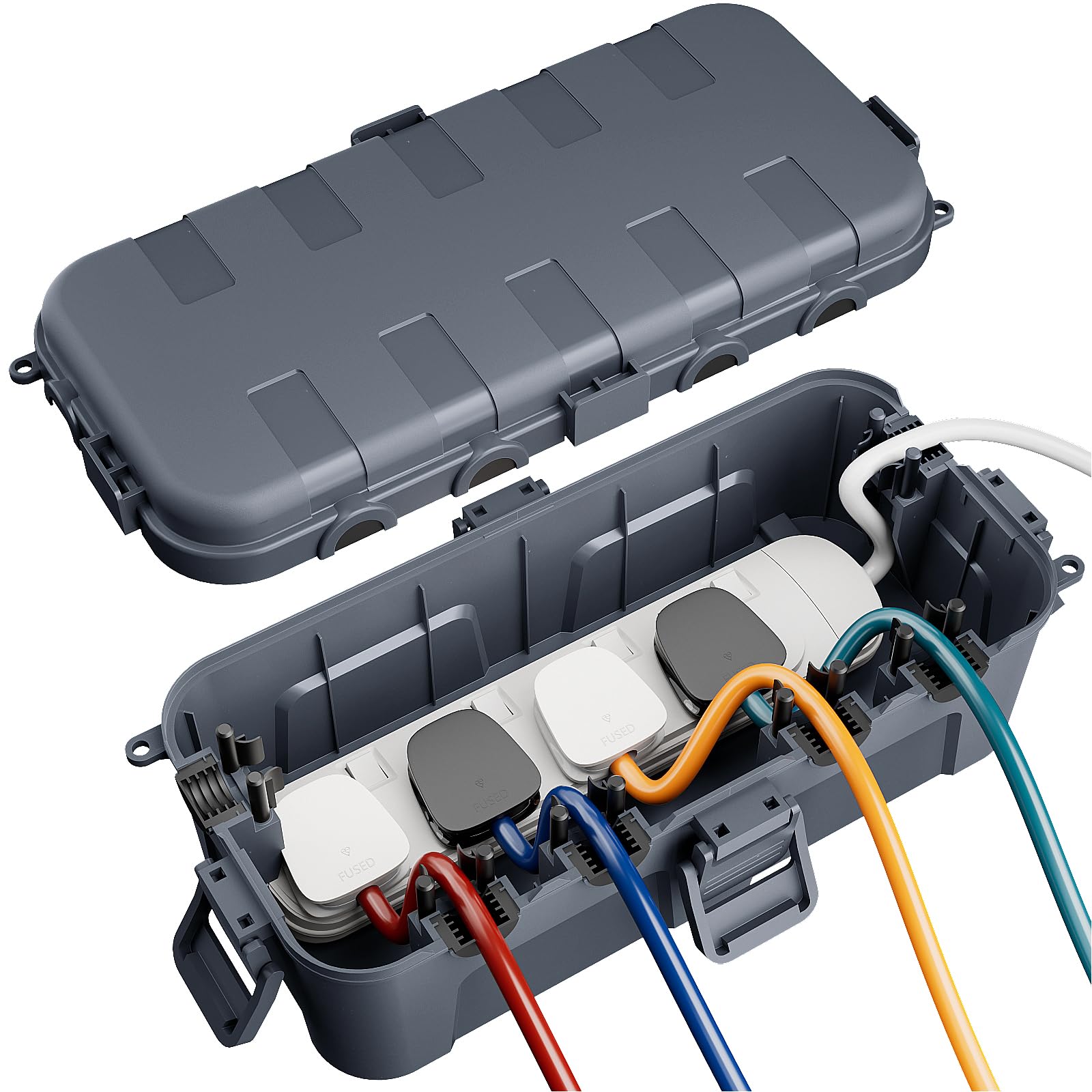 RESTMO Outdoor Waterproof Box (29 × 13.2 × 10cm), IP54 Weatherproof Electrical Box for Multi Plug Extension Lead, Protect Outlet, Plug, Christmas String Lights from Water, Snow, Dust, Gray