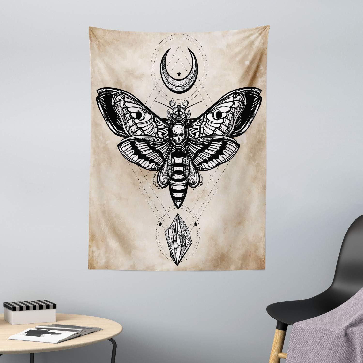 ABAKUHAUS Fantasy Tapestry, Dead Head Hawk Moth Luna and Stone Magic Skull Illustration, Fabric Wall Hanging Decor for Bedroom Living Room Dorm, 43 W X 58 L, White Black and Cream