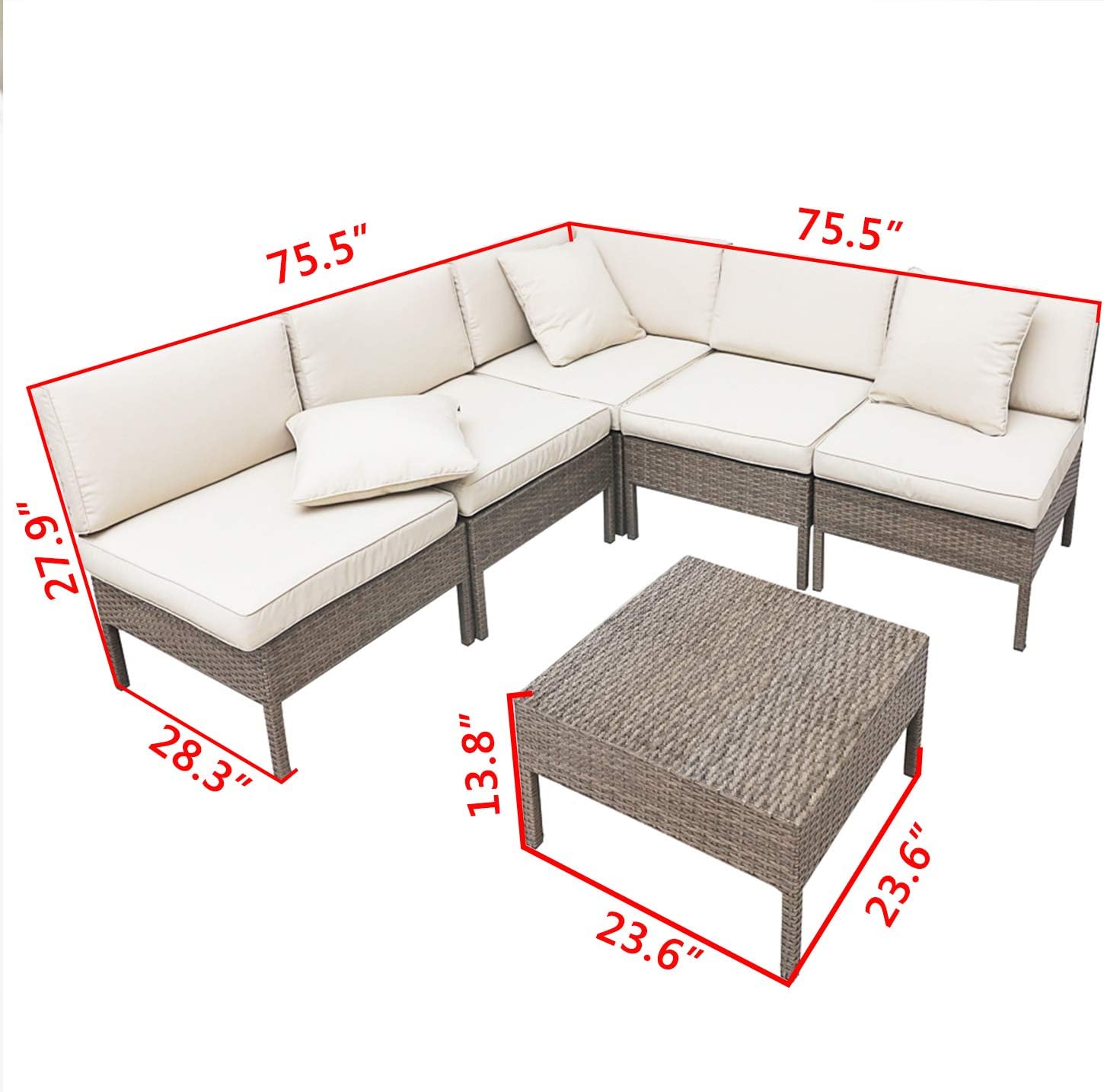 LOKATSE HOME 6 Pieces All-Weather Rattan Patio Sectional Sofa Set Wicker Outdoor Furniture with 3 Pillows Coffee Table, Beige : Garden & Outdoor