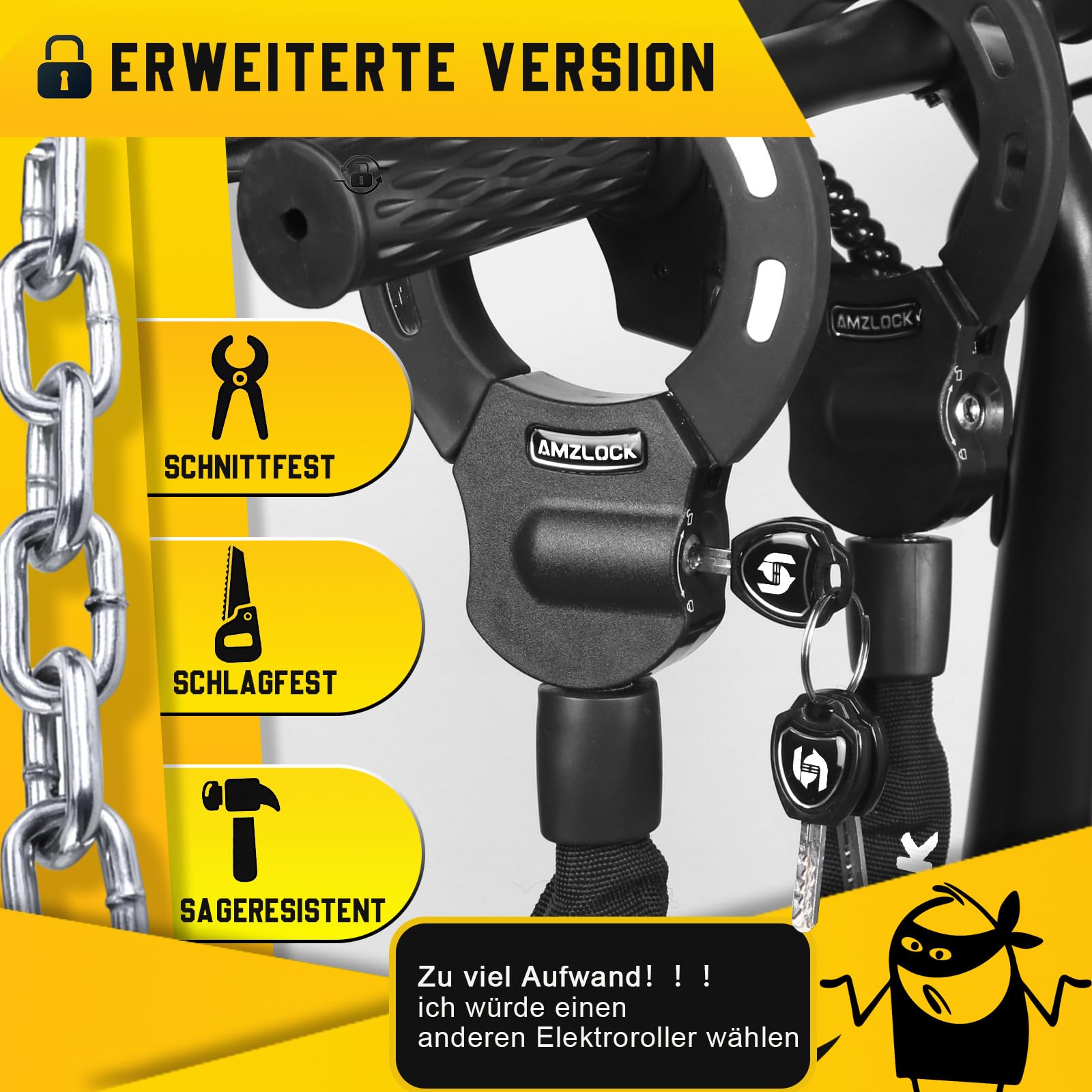AMZLOCK E Scooter Schloss mit Tasche | 8mm Dicke Kettenschloss | Handschellenschloss für E Scooter | mit 3 Schlüsseln | 1.6kg/75cm Hochsicherheitsschloss 4