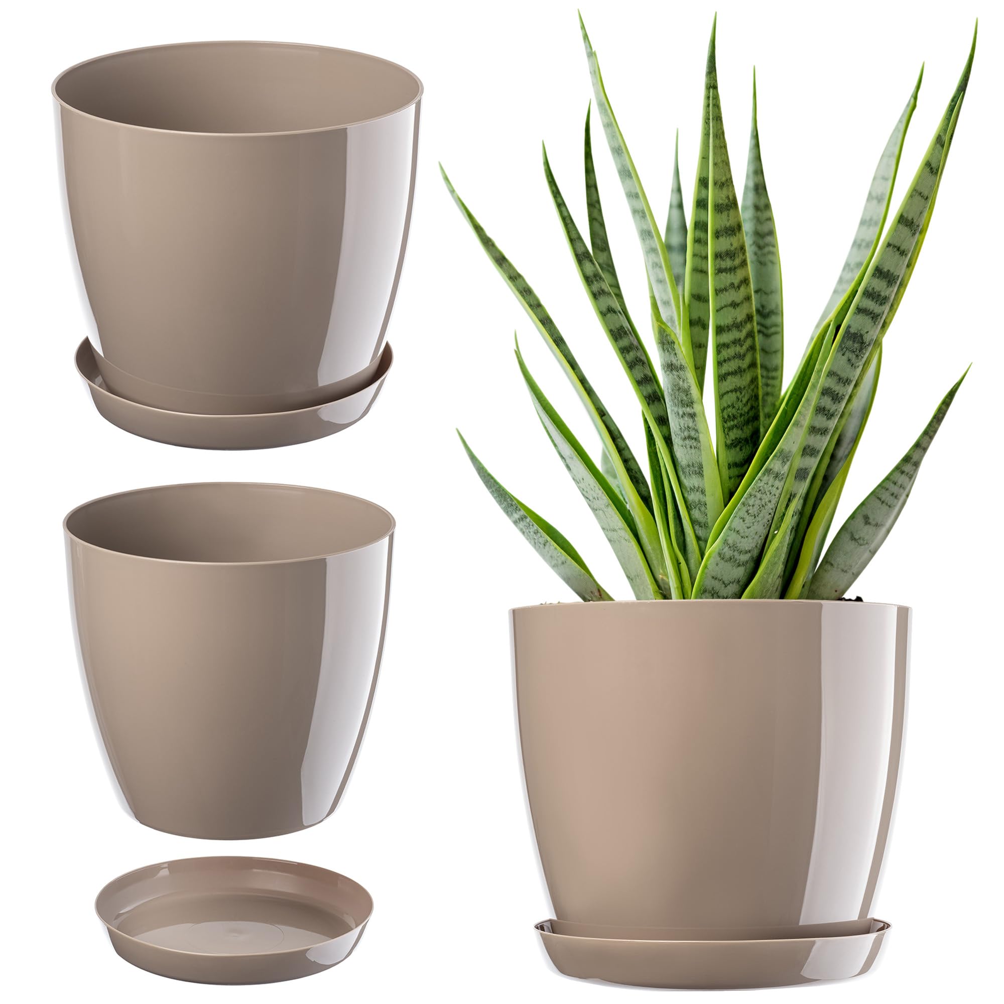 KADAX Plant Pot, Plastic Flowerpot with matching Tray, Indoor Planter in several colours, Lightweight and Waterproof Pot for Office and Living Room (⌀14cm, Beige)