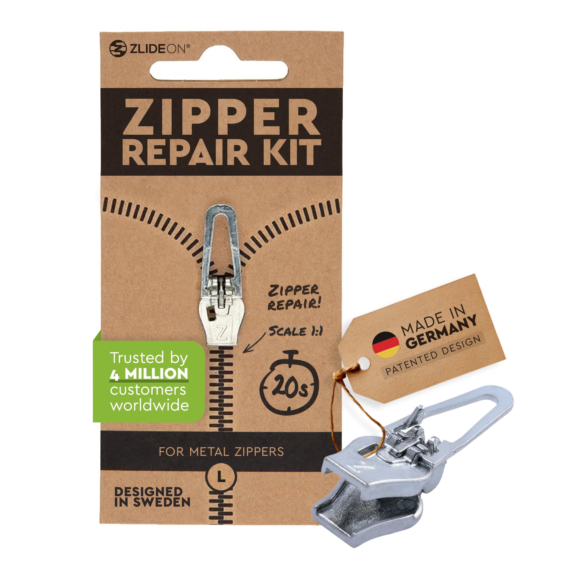 Zlideon Zipper Repair Kit for Metal Zippers - 1pcs, Silver (L/5) | Instant Zipper Pull Replacement Slider for Denim, Jeans, Jacket, Boots, Winter Coats, Handbags | Easy to Install | Made in Germany