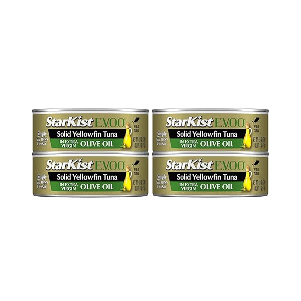 STARKIST E.V.O.O. SOLID YELLOWFIN TUNA IN EXTRA VIRGIN OLIVE OIL, 4.5 OZ (4 PACK) CANNED TUNA FISH, WILD CAUGHT, GLUTEN FREE, READY TO EAT, PERFECT FOR SALADS, KETO MEALS AND SNACKS