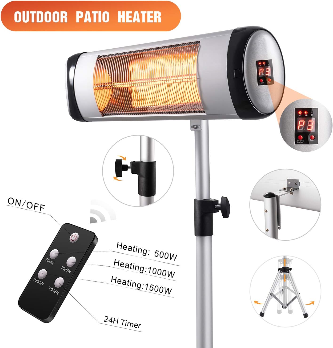 Kismile Electric Patio Heater,Portable Outdoor Heaters,Infrared Patio Heaters for Indoor/Outdoor use,Freestanding Wall Heater,500W-1500W Adjustable Heating Modes with Display and Switch: Kitchen & Dining