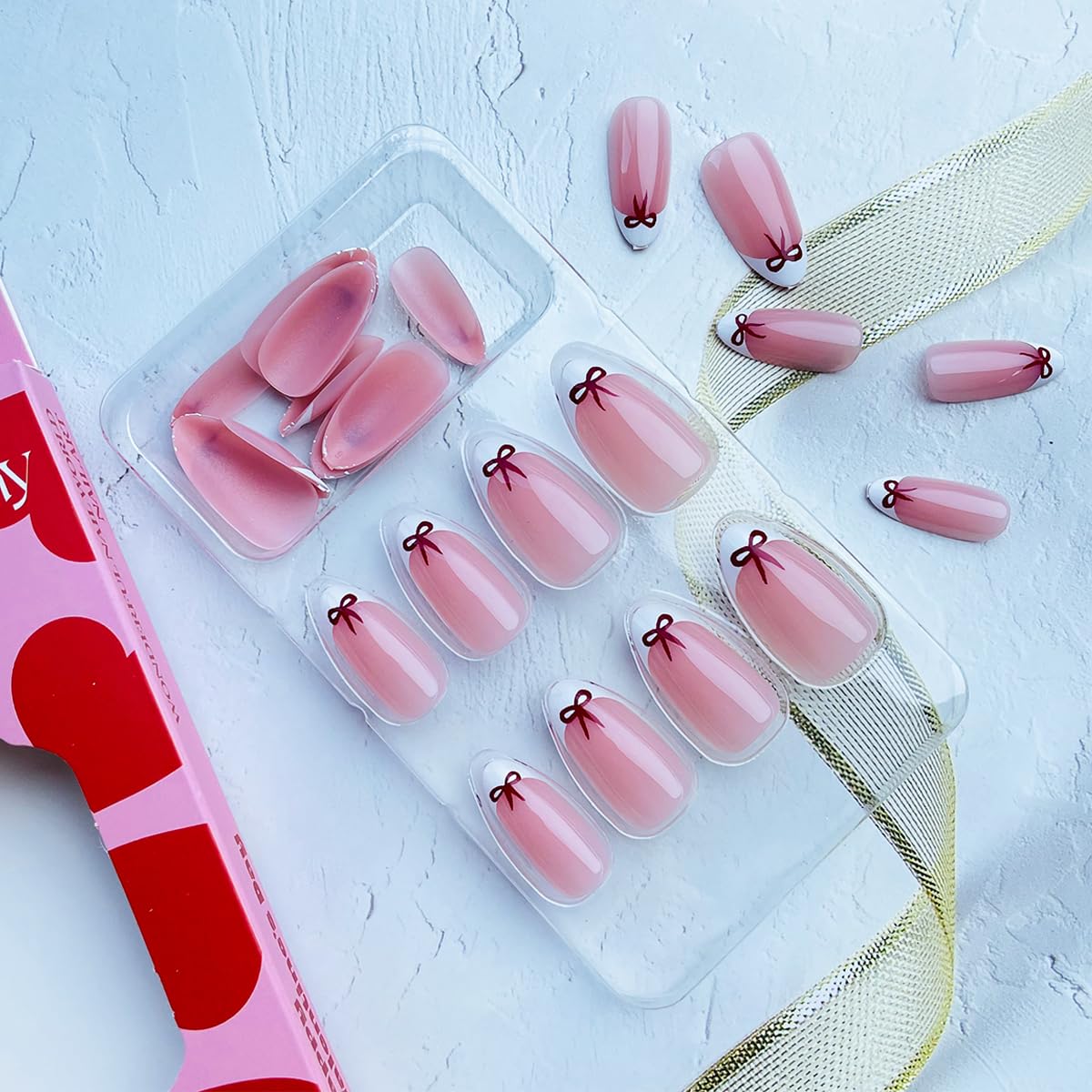 24Pcs Bow Press on Nails Short Almond French Tip Fake Nails Cute Bows Nails Design Holiday Glue on Nails White Nail Tips False Nails with Glue Handmade Nails for Women Valentines Manicure Decoration - Image 4