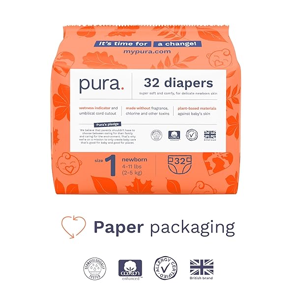 PURA HYPOALLERGENIC DIAPERS, SIZE 1 (4-11 LBS), NEWBORN, TOTALLY CHLORINE FREE, WETNESS INDICATOR, SUITABLE FOR SENSITIVE SKIN, SOFT ORGANIC COTTON COMFORT, OVERNIGHT, 1 PACK OF 32 BABY DIAPERS