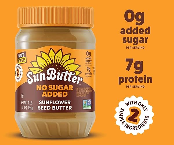 SUNBUTTER NO SUGAR ADDED SUNFLOWER SEED BUTTER, 16 OZ NUT-FREE SPREAD WITH 7G PLANT-BASED PROTEIN, ROASTED RICH & SAVORY FLAVOR, SMOOTH TEXTURE | VEGAN, KOSHER & NON-GMO