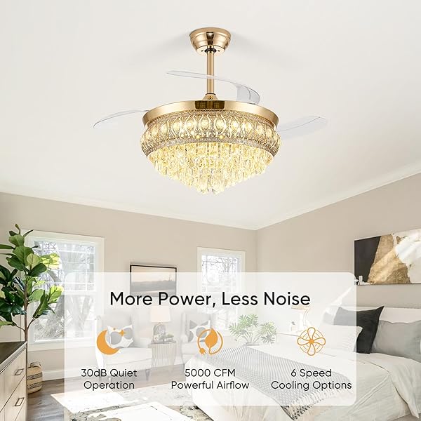 STYLORAVIVE 42″ FANDELIER CEILING FAN WITH LIGHT, CRYSTAL RETRACTABLE CEILING FAN WITH LIGHTS AND REMOTE, CHANDELIER FANS FOR BEDROOM LIVING ROOM, REVERSIBLE DC MOTOR, DIMMABLE, 6 SPEEDS -GOLD