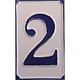 House Numbers Simple Blue & White Hand-painted Italian Ceramic Numbers & Letter Tiles 11cm x 7cm (Number 2)