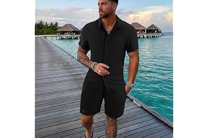 Men's 2-Piece Ribbed Set: Vertical Stripe Button Down Shirt & Shorts | Summer Beach Tracksuit - L