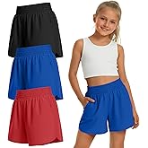 LessonZoo 3 Pack Girls Athletic Shorts with Liner 2 in 1 Kids Quick Dry High Waist Elastic Running Shorts with Pockets