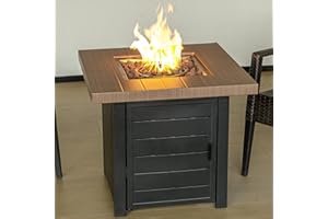 OutVue 28 Inch Propane Fire Pit Table, Outdoor Gas Fire Pits with Lid & Lava Rock, 50000 BTU Firepit for Dinning, Party in Outside, Patio, Garden or Yard(Black&Brown)
