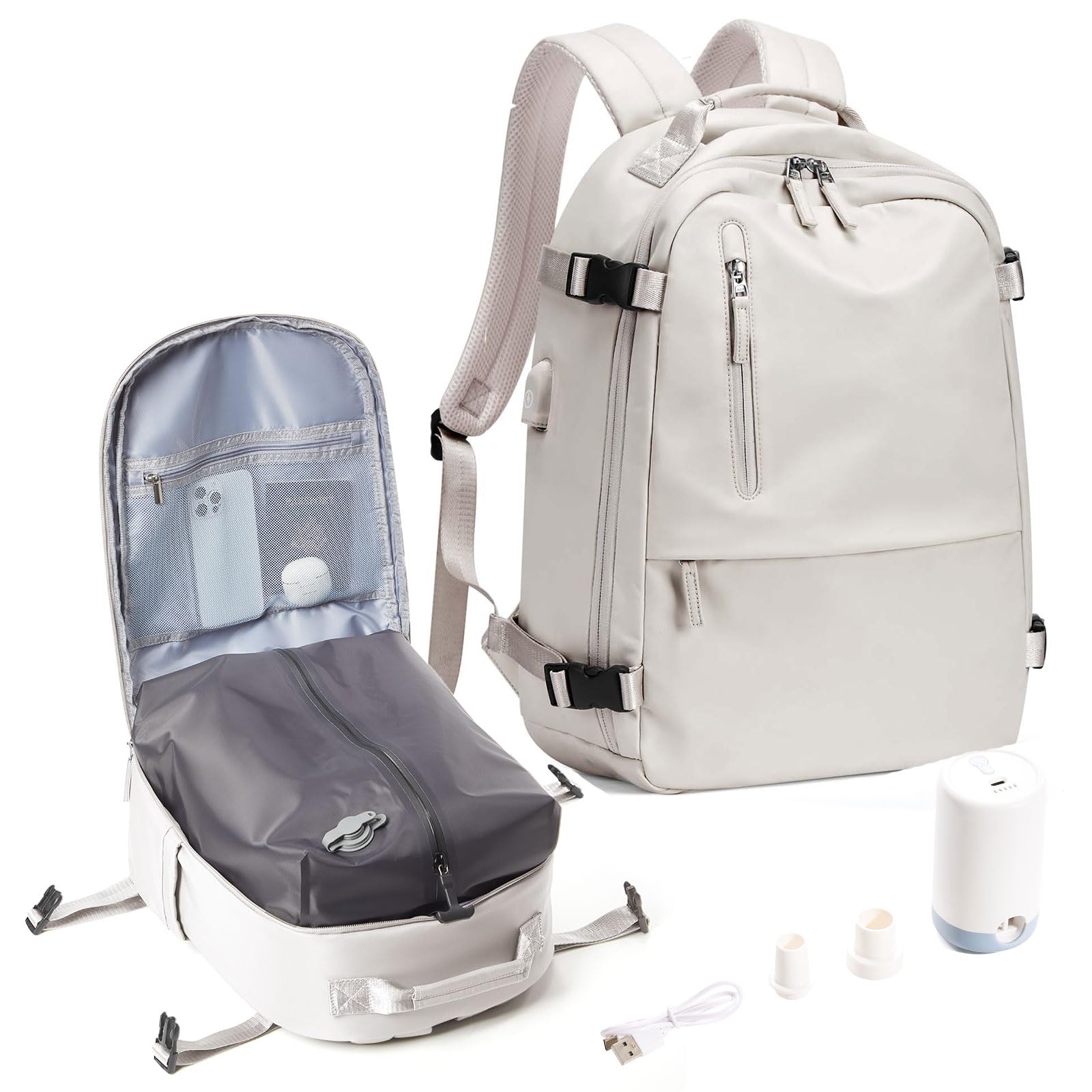 Photo 1 of SEAFEW Travel Backpack with Vacuum Seal Compression, Waterproof Carry on Backpack for Flight Approved Personal Item Bag with pump, Business Laptop Backpack with USB Charging for Hiking Gym, Beige