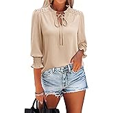 siliteelon Blouses for Women Dressy Casual 3/4 Length Sleeve Womens Tops Ruffle Collar Tie Front Lace Cute Spring Summer