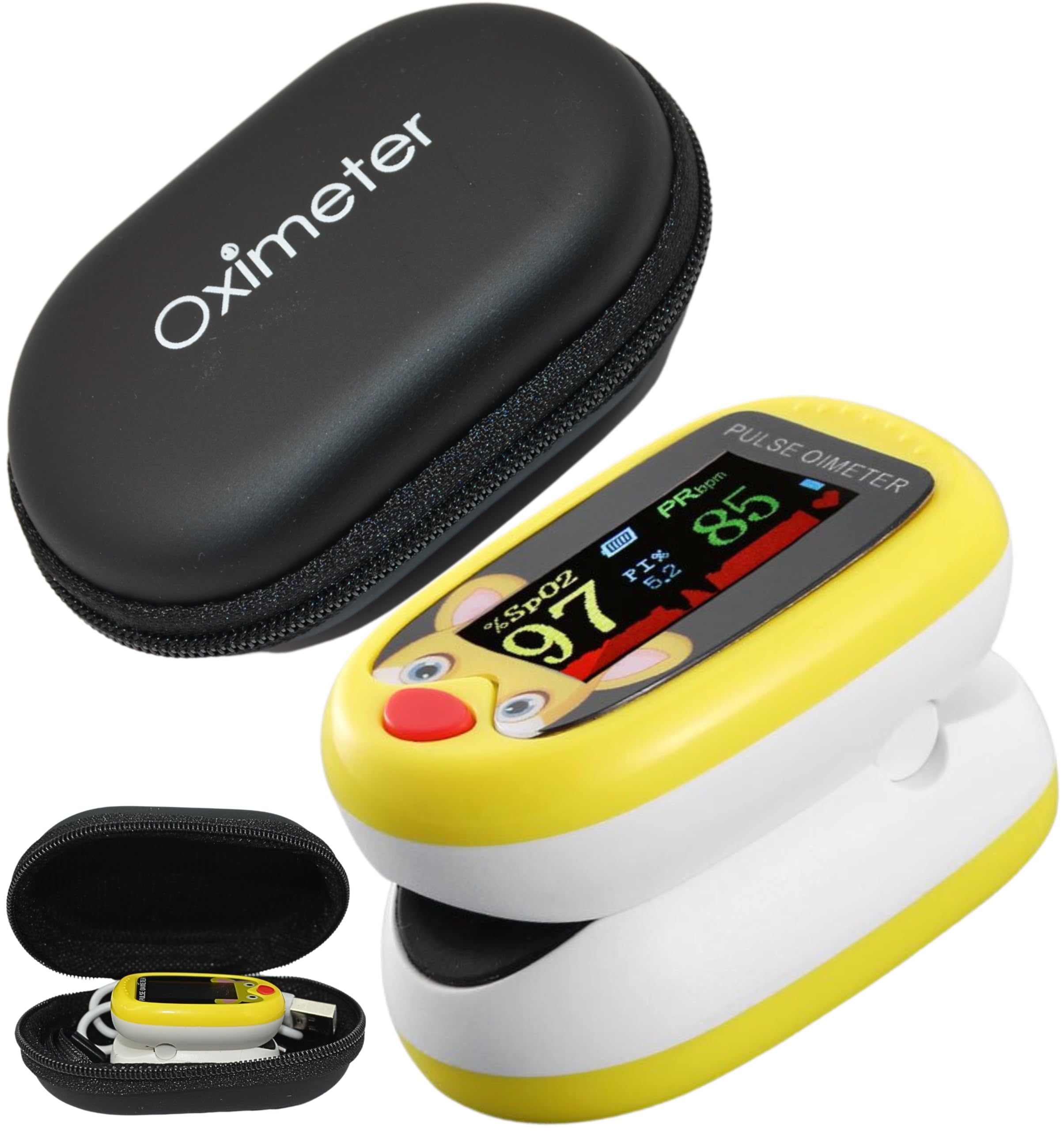 Pediatric Pulse Oximeter & Storage Zipper Case Heart Rate Stats Monitor Kids Finger Blood Oxygen Saturation Monitoring, Children SpO2 Levels Detection TFT Lanyard & USB (Yellow Kids Oximeter)