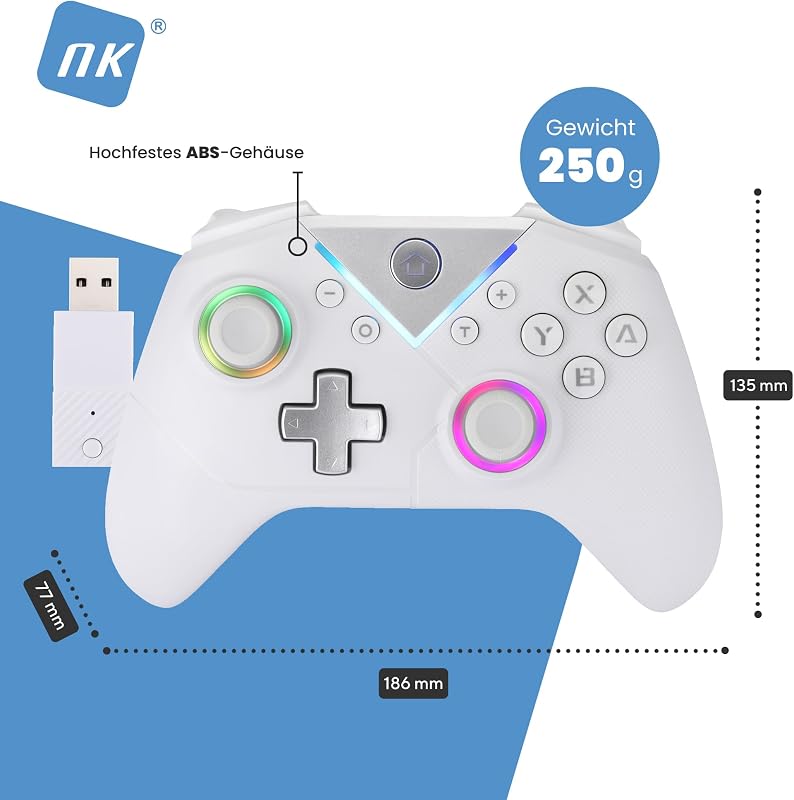 Wireless Bluetooth Controller für PC – Kompatibel mit Switch, Android-Smartphone und iOS, 2 Makrotasten, Duale Vibration, 6 Achsen, LED-Beleuchtung (White)