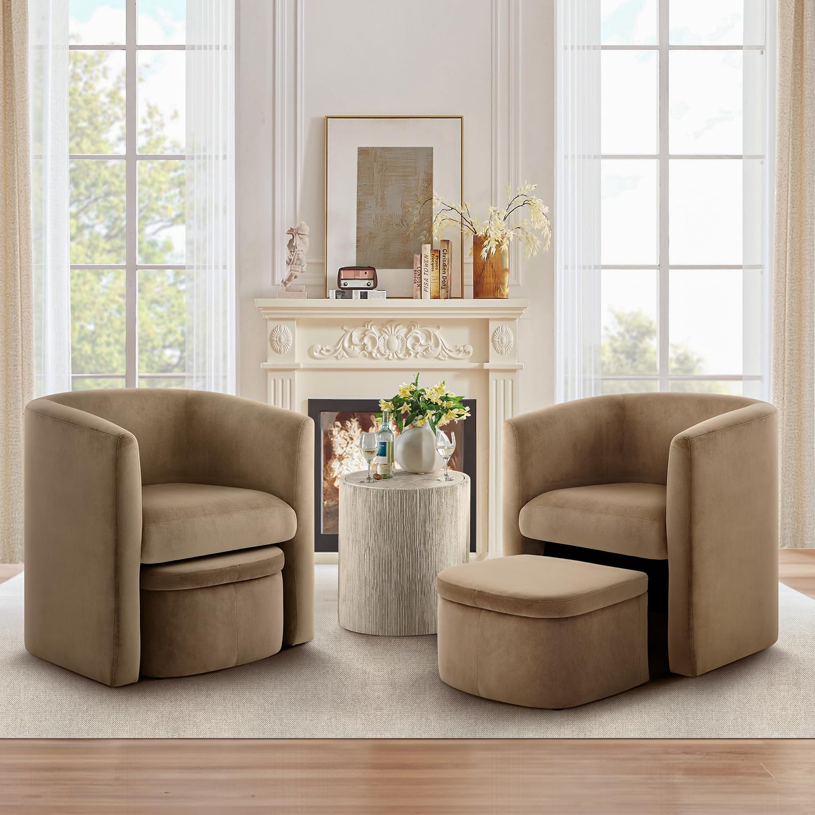 Photo 1 of **PARTIAL SET ONLY 1 ** COLAMY Morden Velvet Barrel Accent Chair with Storage Ottoman Set of 2, Upholstered Living Room Side Chair, Single Sofa Armchair with Lounge Seat for Bedroom/Office/Reading Spaces, Khaki