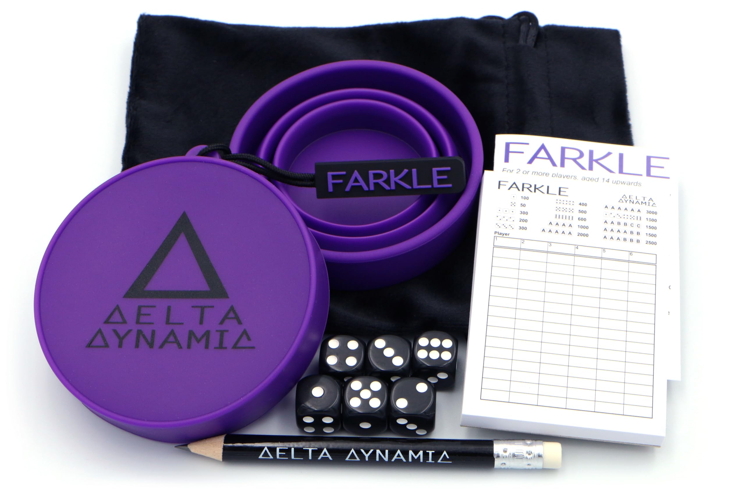 Delta Dynamic Products Farkle - Pocket Travel Dice Game with Folding Shaker Cup & Deluxe Storage Bag. UK-Made.
