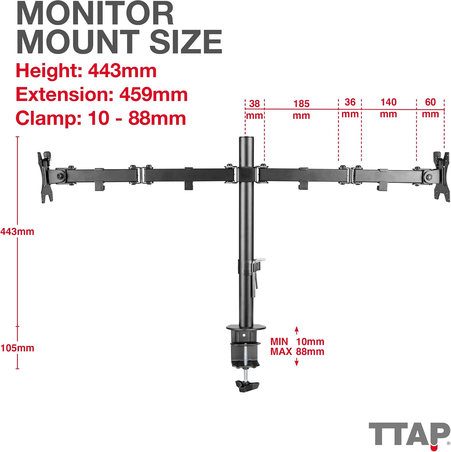 TTAP Monitor Mount for 13-27” Screens, Double Arm Desk Stand Bracket with Clamp, Ergonomic 90° Tilt - Image 4
