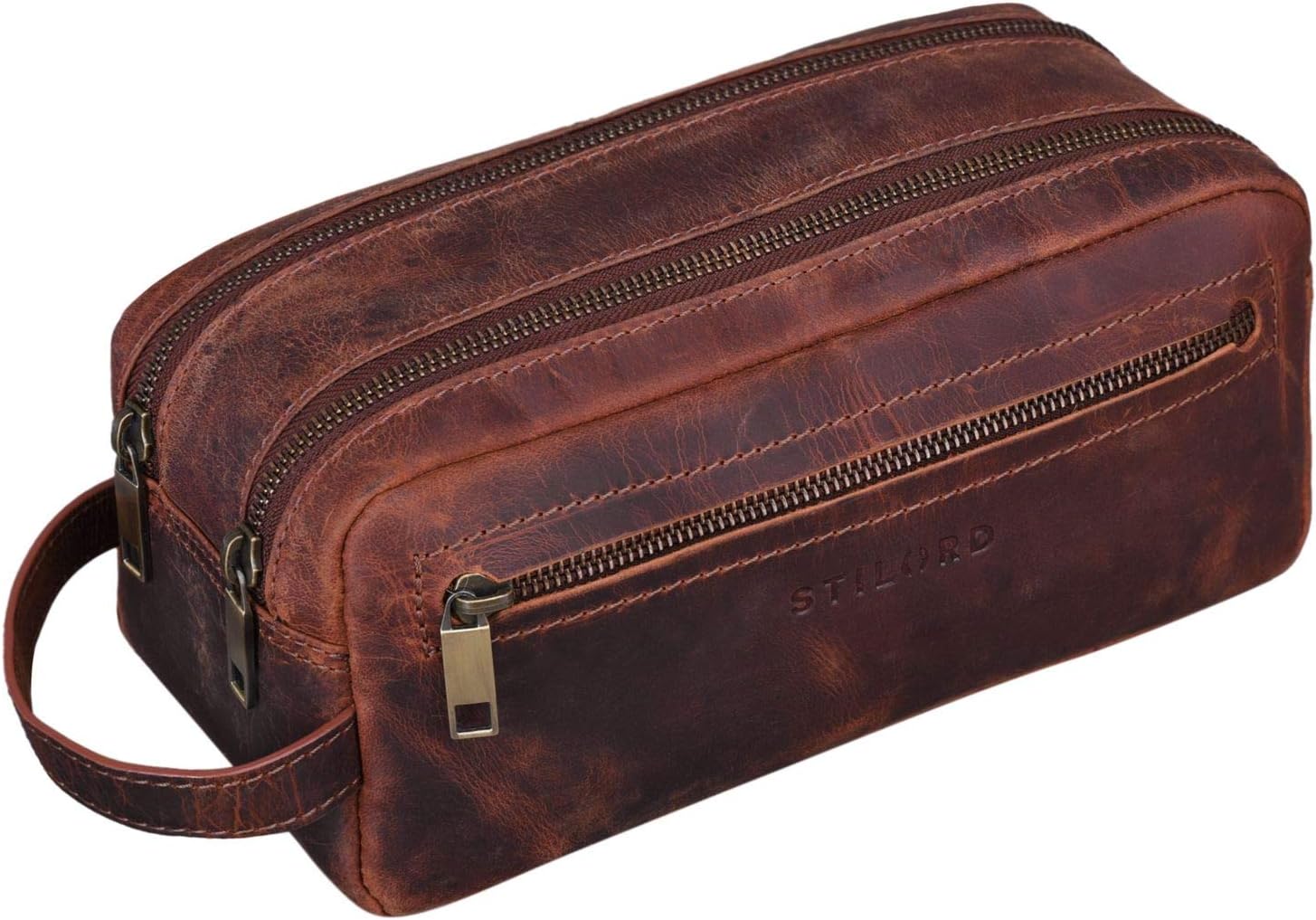 STILORD "Kurt" Large Toiletry Bag Washbag Travelling with Wrist Strap and Zipper Made of Genuine Vintage Leather Colour:Prato - Brown