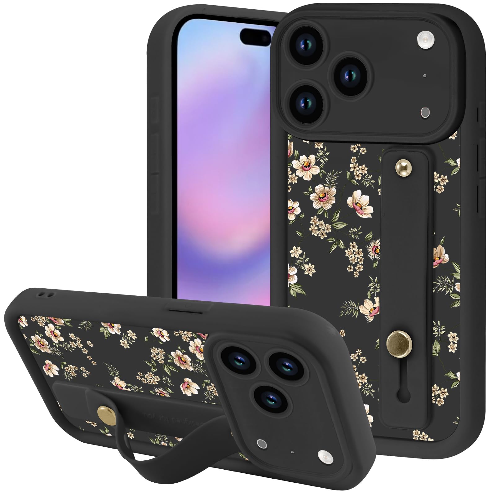 Zrutru Aesthetic Flower Floral Phone Case for iPhone 17 Pro Max with Flexible Adjustable Finger Hand Wrist Strap Holder Kickstand Silicone Shockproof Protection Funda for iPhone 17 Pro Max 6.9 Inch