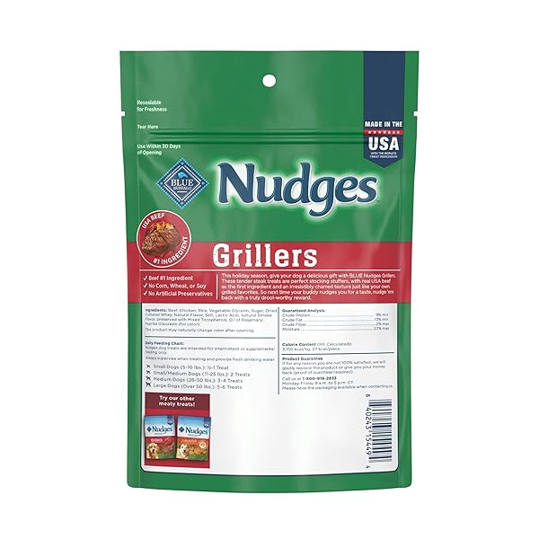 BLUE BUFFALO NUDGES STEAK GRILLERS, NATURAL HOLIDAY DOG TREATS, MADE IN THE USA WITH REAL BEEF, 5-OZ. BAG