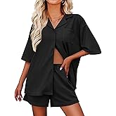 Ekouaer Pajamas for Women Waffle Knit Lounge Set Button Down Loungewear Soft Short Sleeve Pjs Shorts Set S-XXL