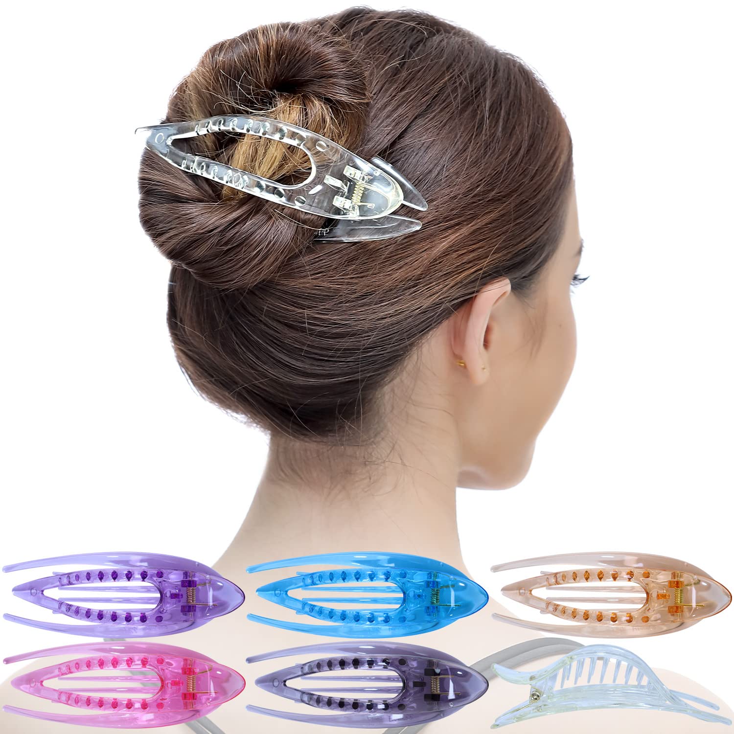 RC ROCHE 6 Pcs Flat Hair Clips Big Claw for Thick Hair French Duckbill Women No Slip Side Slide Curved Alligator Concord Strong Grip Hold Volume Lay Down Clamp, Large Transparent