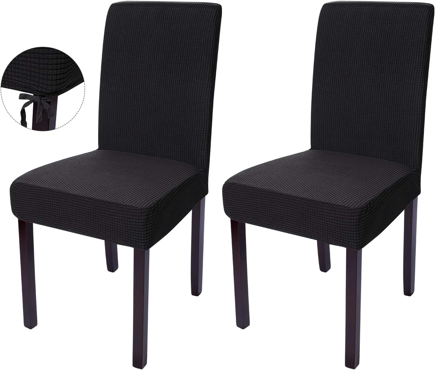 Nesaila Chair Covers with Rope Knot Removable Washable, Stretch Chair Covers, Parsons Chair Slipcover Chair Covers for Dining Room Banquet Party, Set of 2(Black)