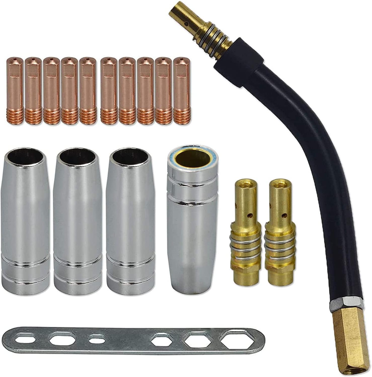 RIVERWELD MIG MAG Contact Tips 1.0mm M6 140.0253 Tips Holder Difuser 002.0078 Shroud Conical Gas Nozzle 145.0075 Torch Neck 002.0009 kit for MB15 15AK Welding Torch 18pcs