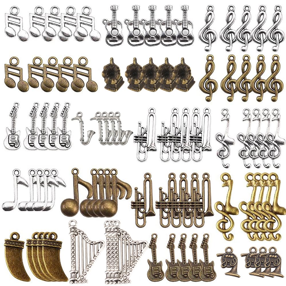 SUNNYCLUE 90pcs Musical Charms, Musical Note Guitar Trumpe Piano Charms for DIY Necklace Bracelet Jewellery Making, Musical Art Theme
