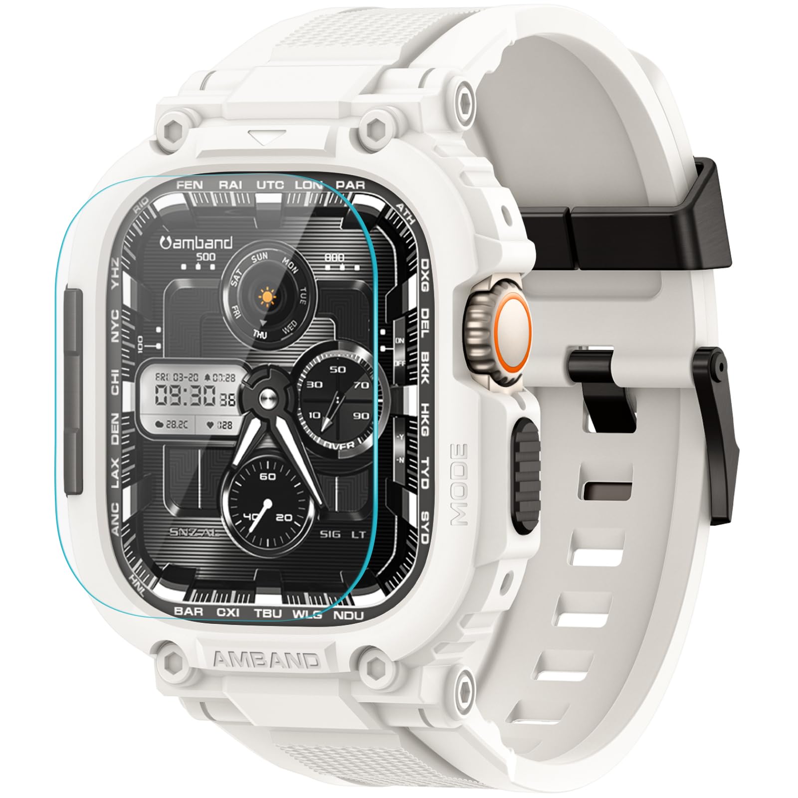 Photo 1 of amBand Bands Case Screen Protector Compatible with Apple Watch Ultra 2/1 49mm, M1 Sport Series Rugged Cover Strap and 9H Tempered Glass Film, Protective Bumper for iWatch 49 mm Men White
