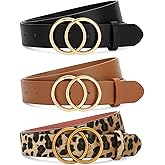SANSTHS 3 Pack Women Waist Belts for Jeans Pants Dresses, Ladies Belt with Double O-Ring Gold Buckle