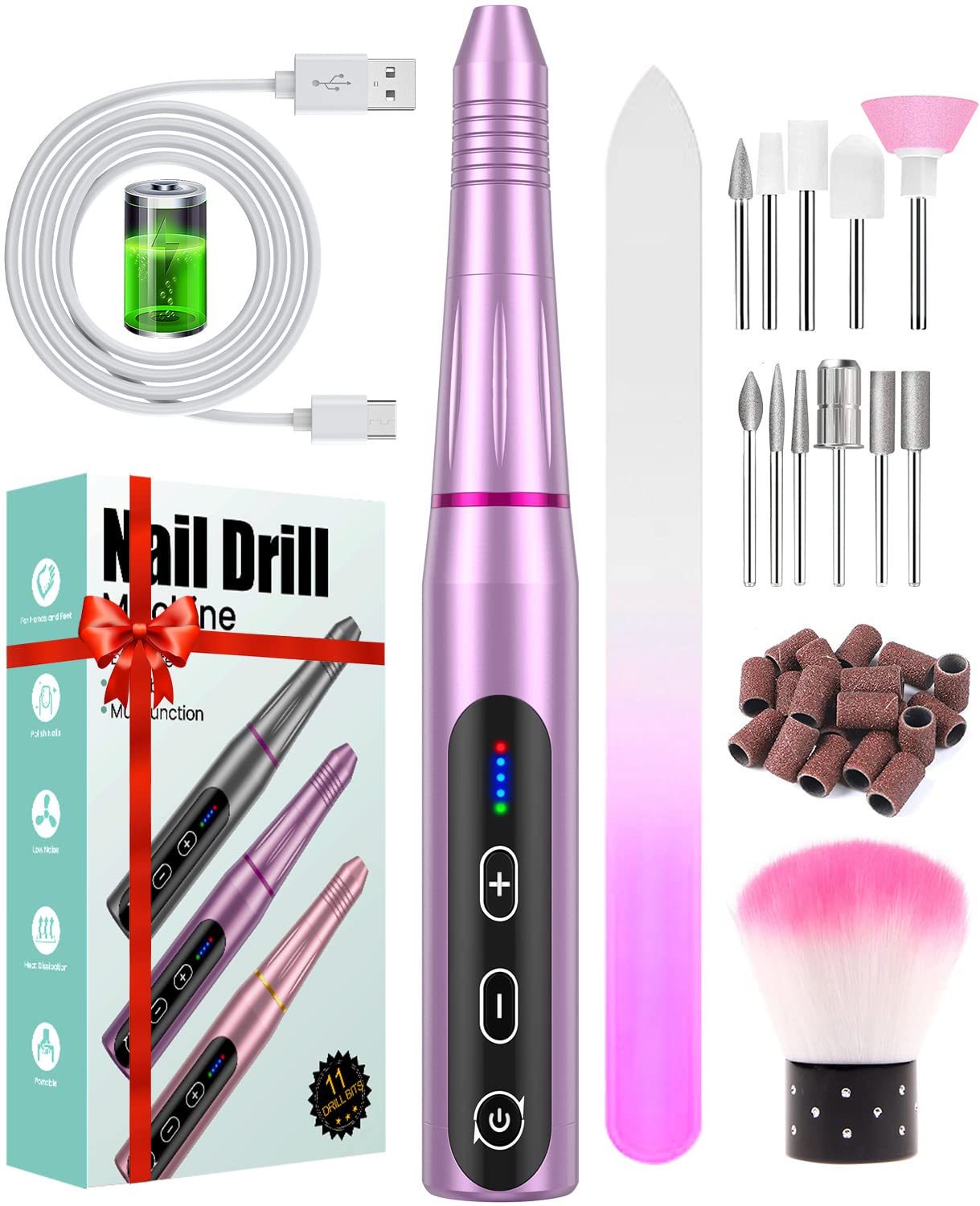 Nail Drill Cordless, Electric Nail Files Professional for Acrylic Nails, Rechargeable Electric Nail Drill with 20000 RPM, 5 Adjustable Speed E File, Portable Manicure Pedicure Kit Gifts for Women Mum