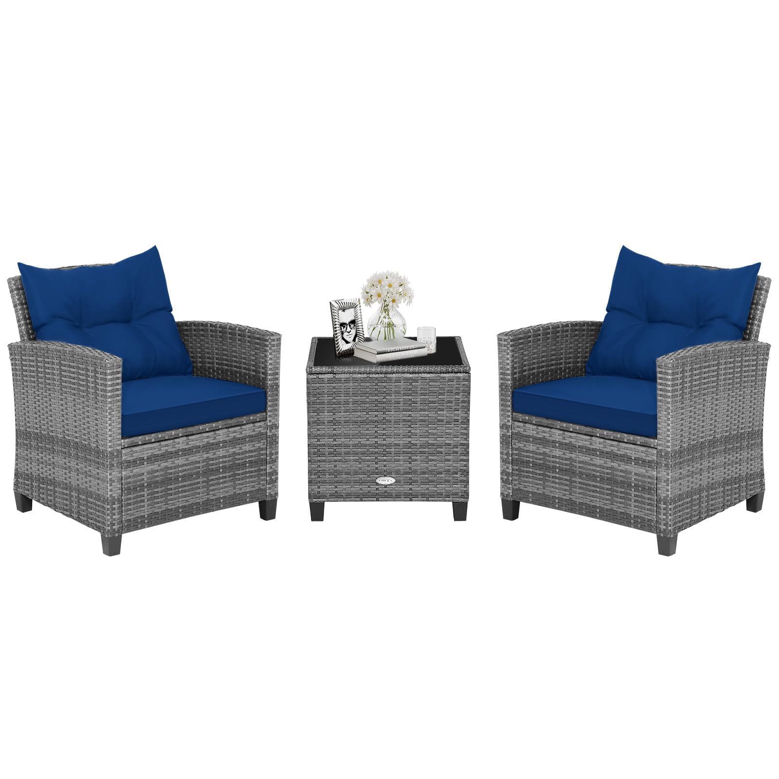 HAPPYGRILL 3 Pieces Patio Conversation Set, Outdoor Furniture Set PE Rattan Sofa Set with Removable Cushions, PE Wicker Chairs with Tempered Glass Side Table for Porch Lawn Garden Balcony Backyard Image