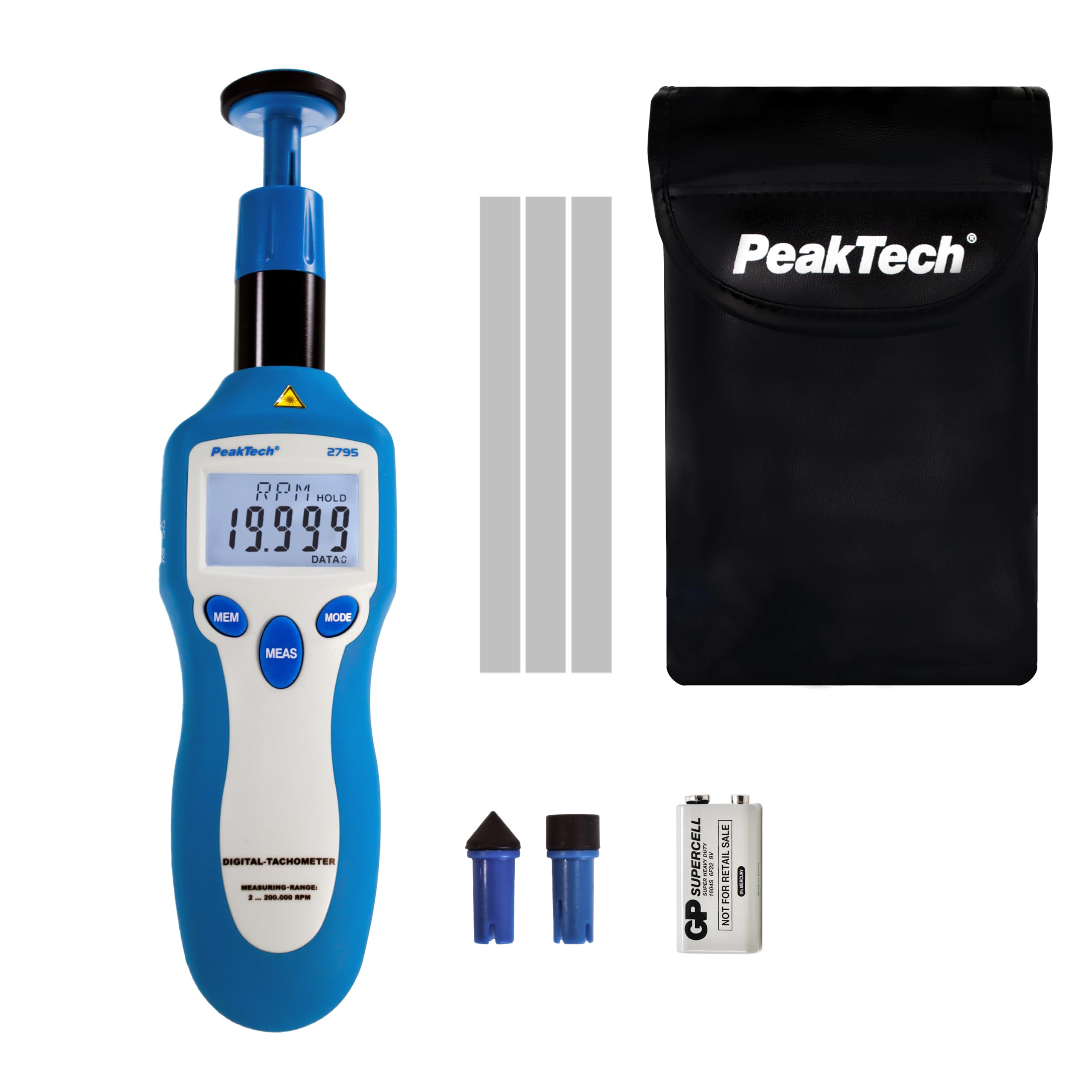 PeakTech 2795 - Tachometer Photo-Contact Type with Laser, 5-Digit LCD Display, Speedometer, Speed Measurement, Rubber Protection, Automatic Measurement Range Selection, Battery Level Display - 160g