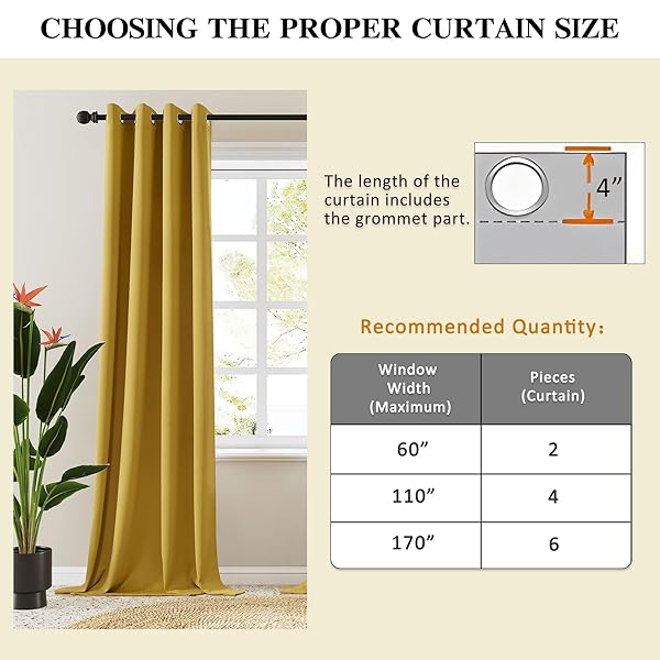 ROOM DARKENING CURTAINS 94 INCHES LONG GROMMET THERMAL INSULATED DRAPES WINDOW TREATMENT CURTAINS FOR BEDROOM(2 PANELS, W52 X L94 INCH, GOLDEN PALM)